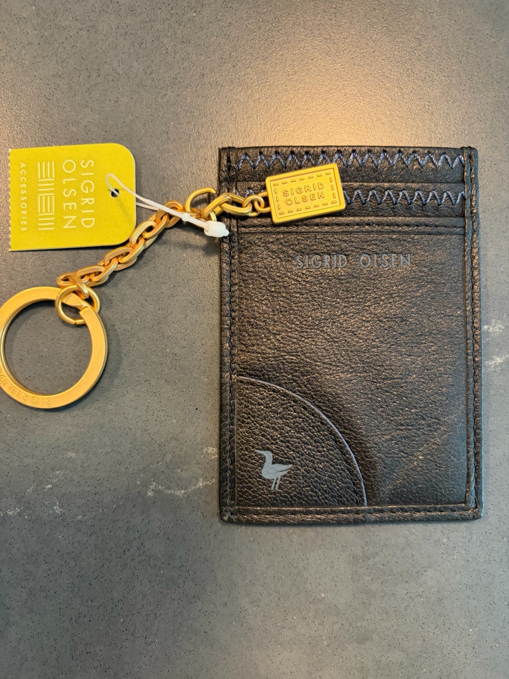 Sigrid Olsen Black Leather Card Holder Keychain with Gold Hardware